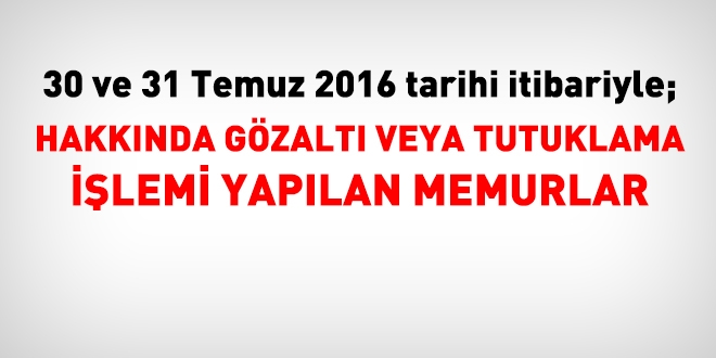 30 ve 31 Temmuz itibariyle hakknda ilem yaplan memurlar