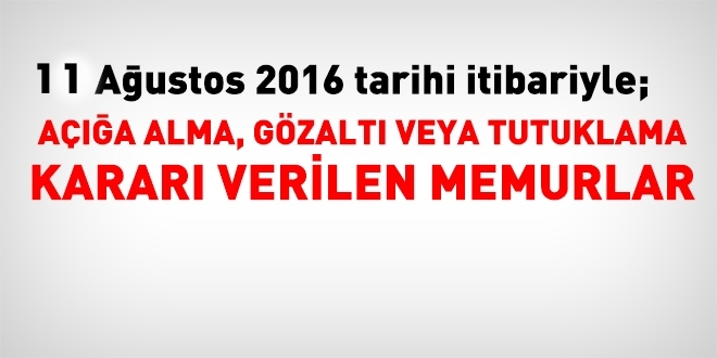 11 Austos 2016 tarihi itibariyle haklarnda ilem yaplan kamu personeli