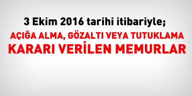 3 Ekim 2016 tarihi itibariyle haklarnda ilem yaplan kamu personeli