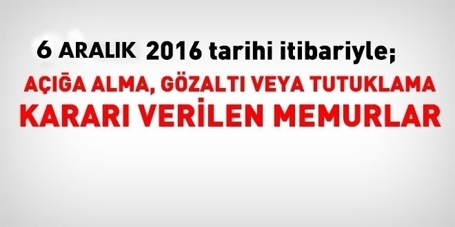 6 Aralk 2016 tarihi itibariyle haklarnda ilem yaplan kamu personeli