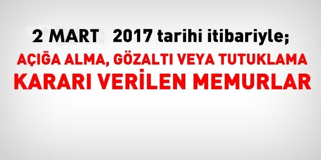 2 Mart 2017 tarihi itibariyle haklarnda ilem yaplan kamu personeli