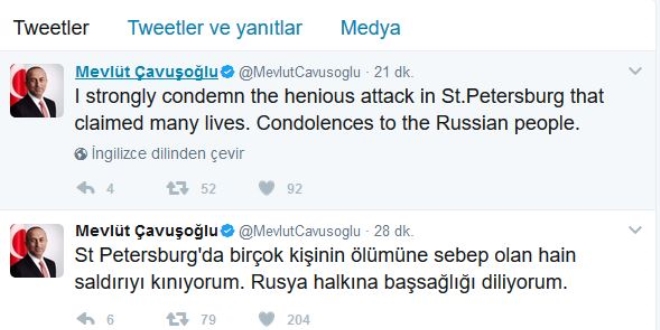 Bakan avuolu'ndan Rusya'ya taziye mesaj