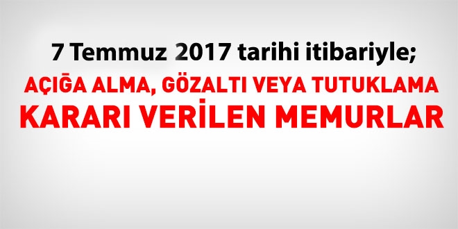 7 Temmuz 2017 tarihi itibariyle haklarnda ilem yaplan kamu personeli