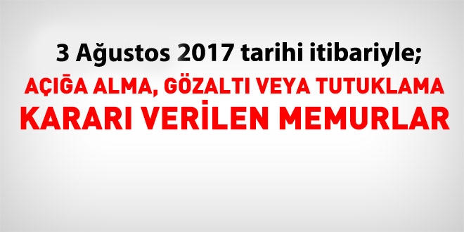 3 Austos 2017 tarihi itibariyle haklarnda ilem yaplan kamu personeli