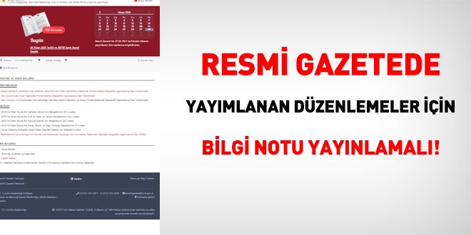 Resmi Gazetede yaymlanan dzenlemeler iin bilgi notu yaymlanmal