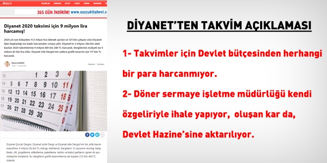 Diyanet: Takvim iin Devlet btesinden harcama yapmyoruz